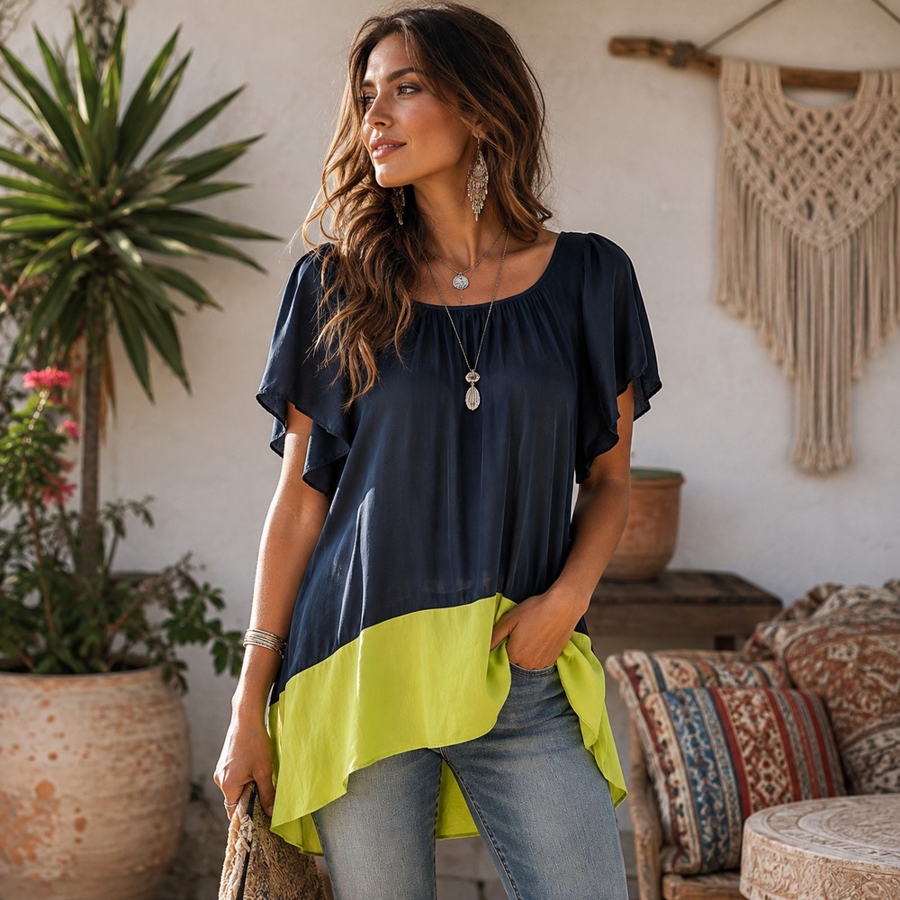 Maeve Anthropologie Colorblock Tunic Top Size L Neon Green Navy Boho Chic Office